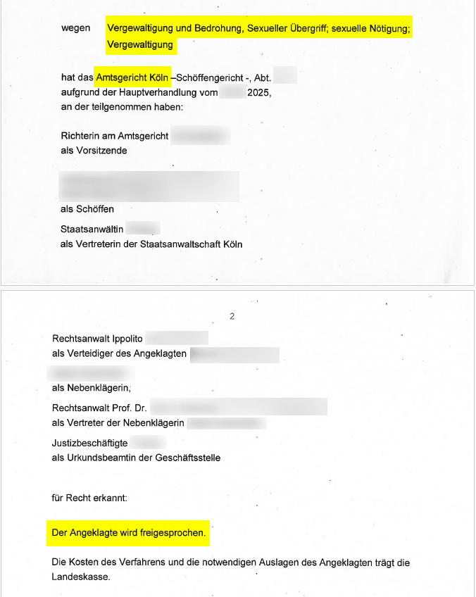 Freispruch Sexueller Übergriff Sexuelle Nötigung Vergewaltigung § 177 StGB Amtsgericht Köln Straf.Law