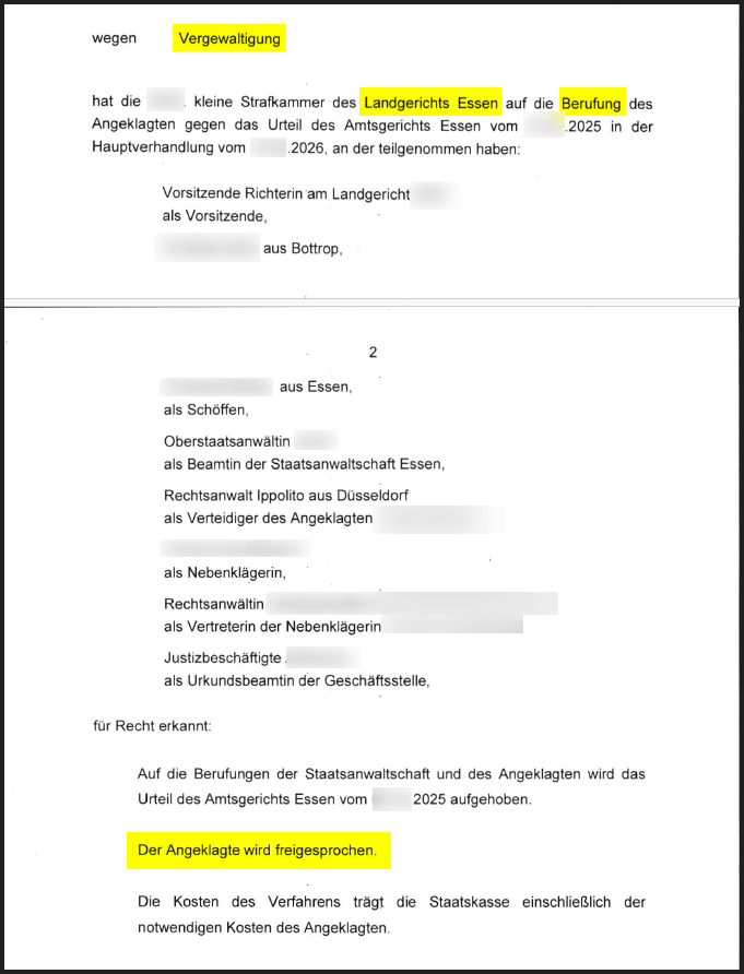 Vergewaltigung § 177 Abs. 6 StGB Berufung Landgericht Essen Freispruch Straf.Law