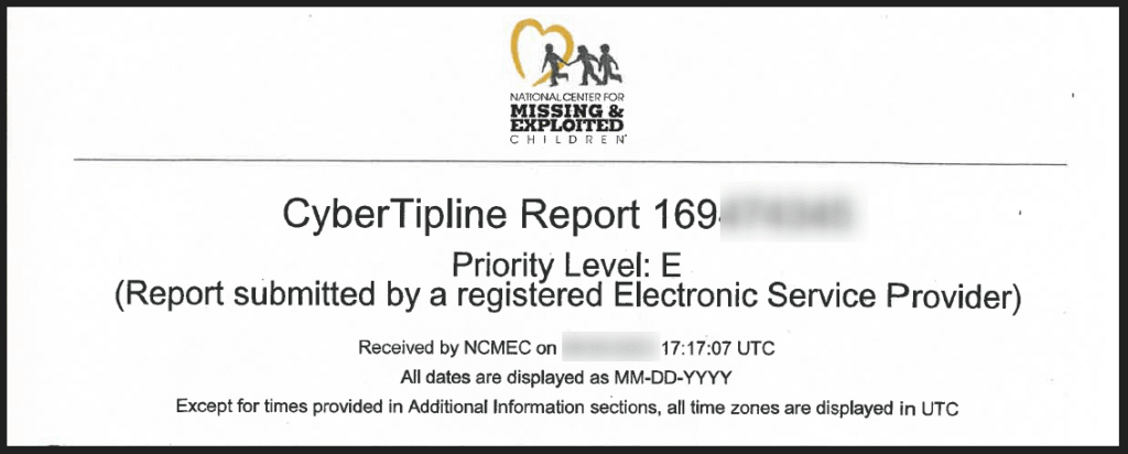 NCMEC CyberTipline Report bei Verdacht Besitz oder Erwerb kinderpornographischer Inhalte, § 184b StGB