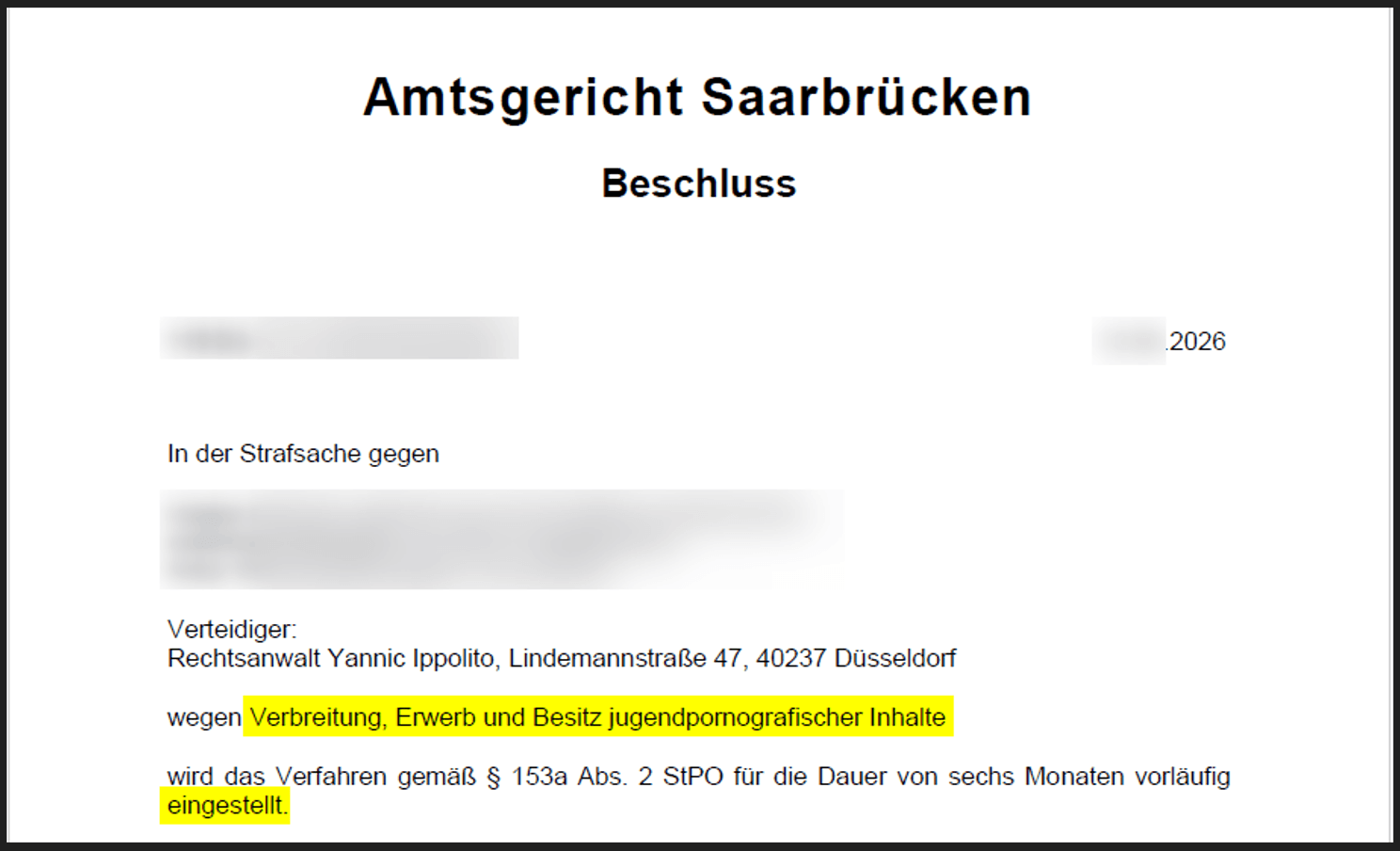 Einstellung Besitz Verbreitung jugendpornographischer Inhalte § 184c StGB Amtsgericht Saarbrücken Straf.Law