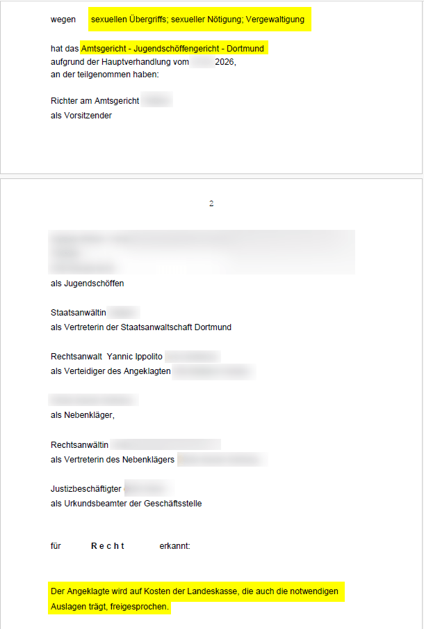 Freispruch Amtsgericht Dortmund Jugendschöffengericht Sexueller Übergriff Sexuelle Nötigung Vergewaltigung § 177 StGB Straf.Law
